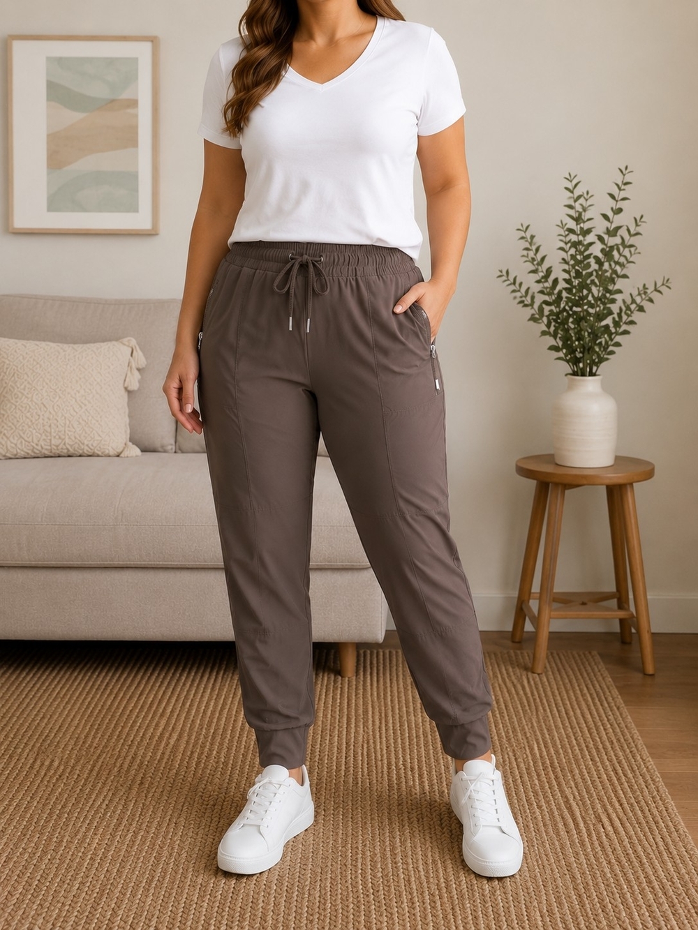 Chico's Travelers Brown Jogger Pants Women Size 3R XL Pull On Stretch Zip Pocket